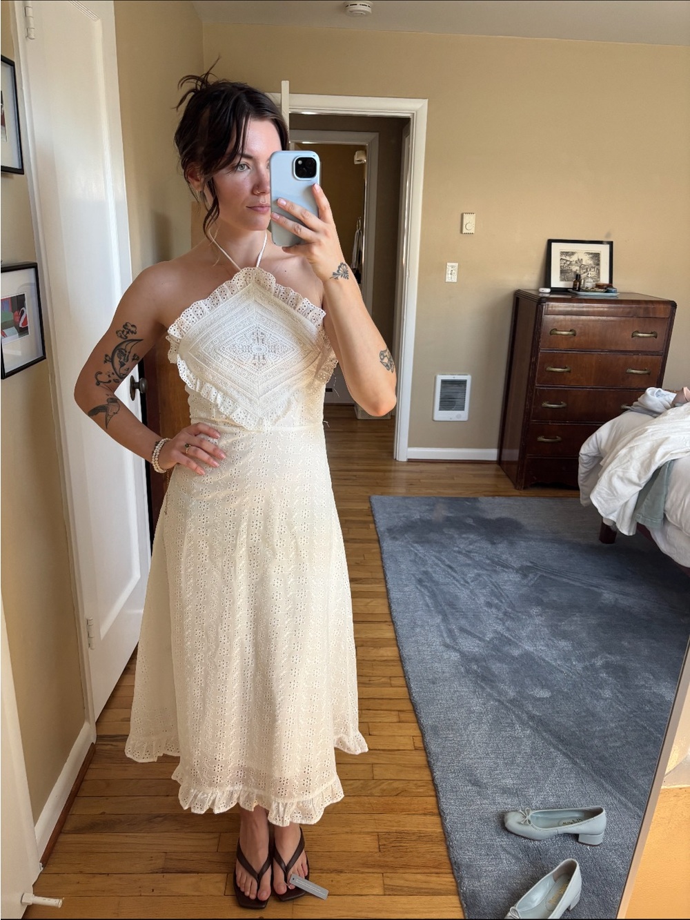 White Eyelet Halter Midi Dress